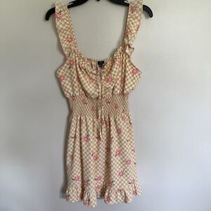 Juniors Lily Rose Mini Dress Size Large‎ Check Floral Sleeveless Smocked Ruffle